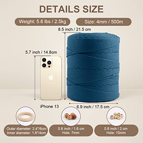 Image of ZUEXT Macrame Cord, Peacock Blue, 4mm x 547yds Cotton String Macrame Yarn | Natural Handmade, 4 Strands Twisted Cotton Rope, for Craft Wall Hanging Weaving Tapestry Dream Catchers Hanger DIY Gift, 500m