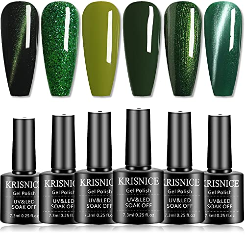 KRISNICE Magnetic 3D Cat Eye Gel Nail Polish Set Glitter Summer Colors Green Olive Soak Off Nail Lamp Pure UV LED for Nails Art Salon Gift Box DIY Home 7.3ml (KHS6-003)