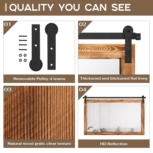 Image of COGOOD Farmhouse Bathroom Mirror - 49 x 30 Rustic Wood Framed Wall Barn Door Mirror for Entryway, Living Room, Entryway Wall Decor (Brown)