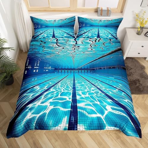 Funda Nordica Cama 135/150 Piscina, 3D Funda Edredon 220x240 cm Nadando Microfibra Ropa de Cama Patrón Azul Reversible 3 Piezas, Funda de Edredón + 2 Fundas de Almohada m7511