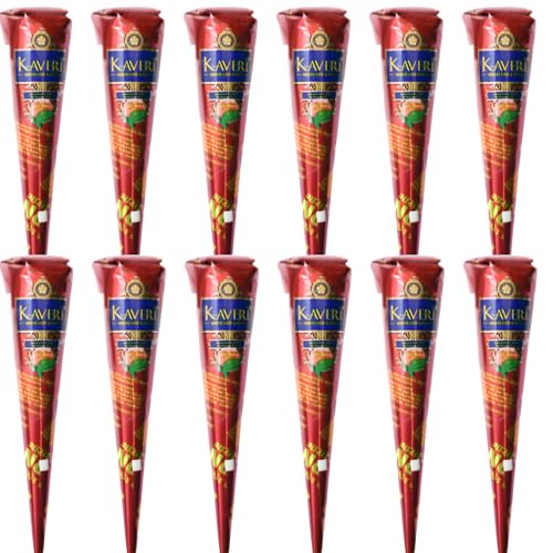 12 x Kaveri Mehendi Henna Cones Dark Brown Henna for Hand Art Henna Stencils and Henna Freckles Henna Cones for Henna Tattoo Kit - Natural Organic Temporary Tattoo - Box of 12 Individual Cones