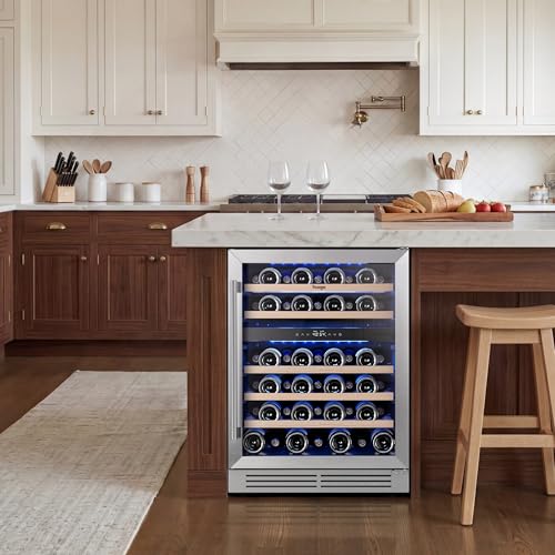 Image of Yeego 24 Inch Wine Cooler - 52 Bottles Wine Fridge Dual Zone, 40-65F Wine Refrigerator with Glass Door, Freestanding Built-In or Under Counter Adujustable Shelves Fridge for Home Bar Kitchen Office