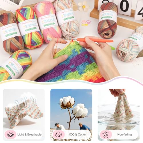 Image of Katech 1OO% Ombre Cotton Yarn for Crocheting - 2 Sport Weight Baby Yarn for Knitting - 6 Pcs of 50g(1.76oz) /160m(175yd), Fine Soft Multicolor Yarns for Baby Blankets, Afghans, Shawls, Dress, Hats (B)