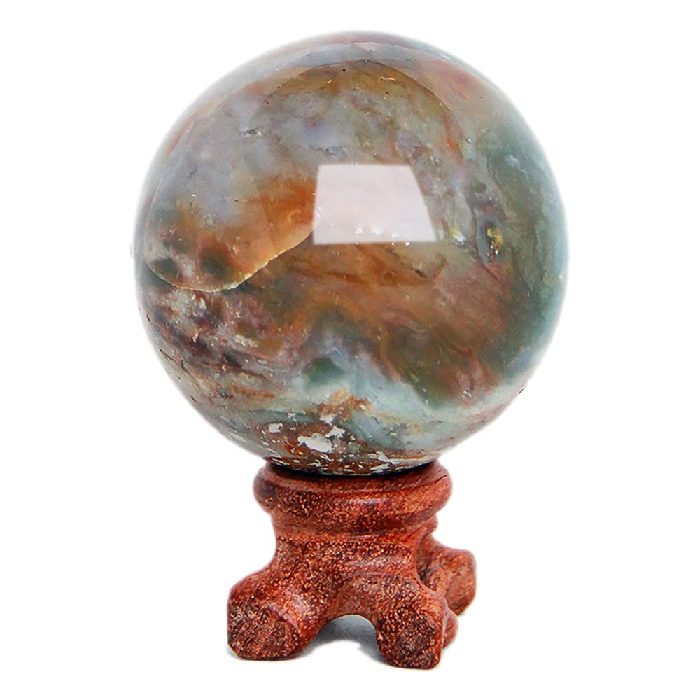 Crystal Quartz Sphere with Wood Stand Natural Crystal Healing Mineral Love Stone Ball Divination Sphere Sculpture Figurine (Ocean Jasper, 50mm)
