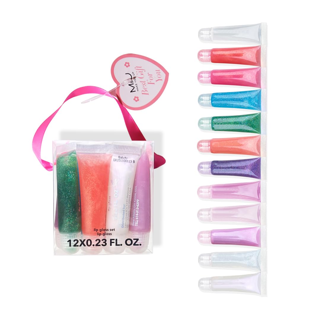 M&U Glitter Lip Gloss Set with Carrying Case, 12Pcs Assorted Flavors Moisturizing Shimmer Glossy Lip Party Favor Make-up for Kids and Teens Ages 5+