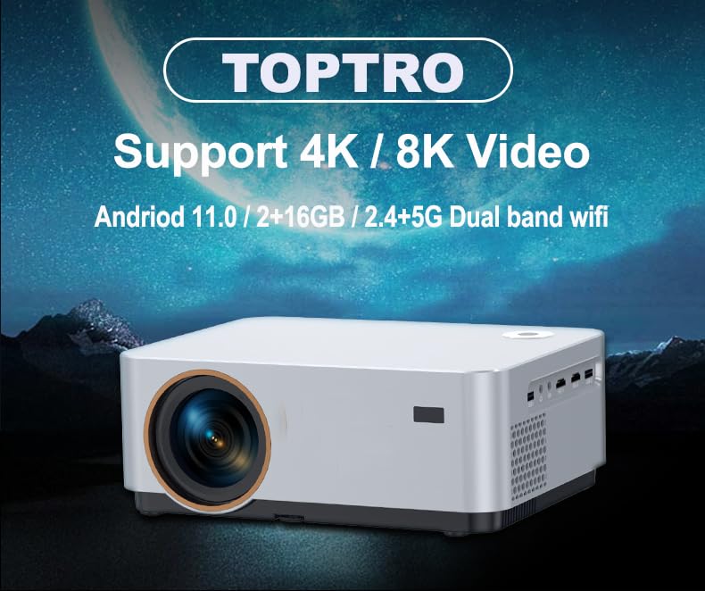 Image of TOPTRO Ultrapix Smart Projector for Home 4K YouTube Support,Hdmi,Electronic Focus,Native 1080P Ultra Bright 11500L,850 Ansi (Best in Segment) Android 11,2Gb 16Gb 5G Wi-Fi,Bt 5,Builtin Apps,Grey