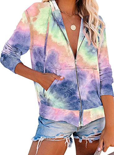 Women's Tie Dye Printed Zip Sweatshirts Long Sleeve Hoodies Pullover Top Casual Pullover Tops Shirts Purple