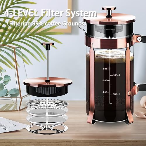 YMMIND French Press Coffee Maker 304 Stainless Steel Coffee Press,with 4 Filters System, Heat Resistant Thickness Borosilicate French Press Glass, BPA-Free Brewed Tea Pot Coffee Plunger(Copper 12oz) — view 6