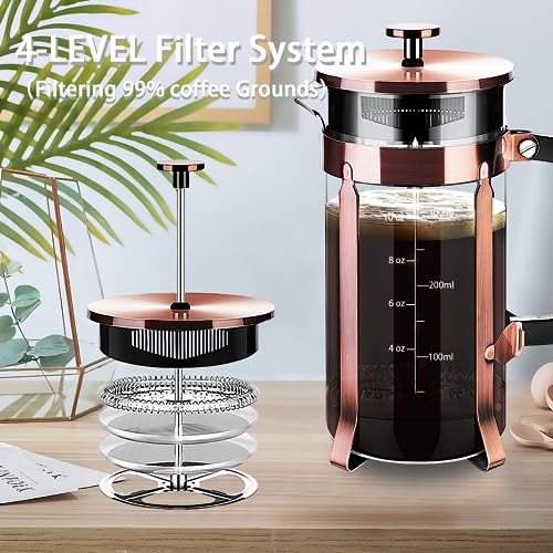 YMMIND French Press Coffee Maker 304 Stainless Steel Coffee Press,with 4 Filters System, Heat Resistant Thickness Borosilicate French Press Glass, BPA-Free Brewed Tea Pot Coffee Plunger - Thumbnail 7