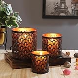 Marrakesch 3er Set Orientalisches Windlicht Laterne Zalia schwarz 14cm Groß | Orientalische Vintage Teelichthalter Kupferfarben schwarz außen | Marokkanische Windlichter aus Metall als Dekoration