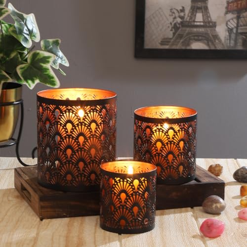 MARRAKESCH Lot de 3 photophores orientaux 14 cm en métal Zalia noir cuivre comme décoration de table