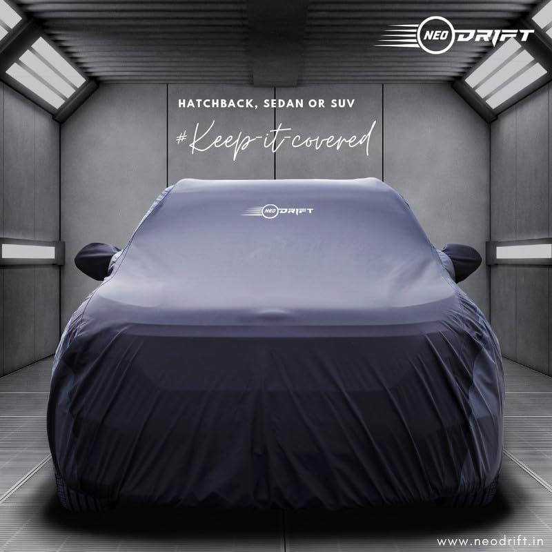 Image of NEODRIFT 'SuperTech' All Weather Protection Car Cover for Maruti Suzuki Vitara Brezza /Brezza 2022 - Dust, Waterproof, Triple Stitched Elastic Grip with Mirror and Antenna Pocket - Black-D.Gray