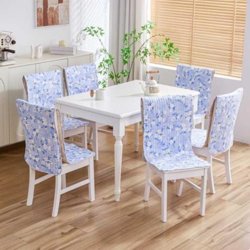 Image of HOMETHREADS Universal-Fit Cotton Fabric Chair Cover Comfortable Cushioned Seating Pad with Anti-Slip Back, Perfect for Kitchen,Dining Room (White SkyBlue, Pack of 4)
