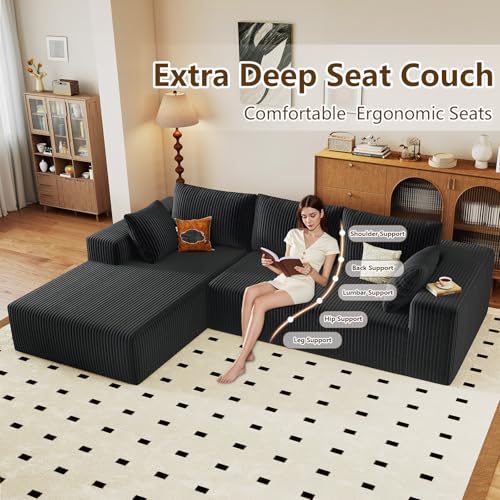 Image of 96 inch Modular Sectional Couch, Boneless L Shaped Cloud Sofa with Chaise Lounge, Corduroy Upholstered Couches Memory Foam Deep Seat, No Assembly Required, Ideal for Living Room(Black, Left Facing)