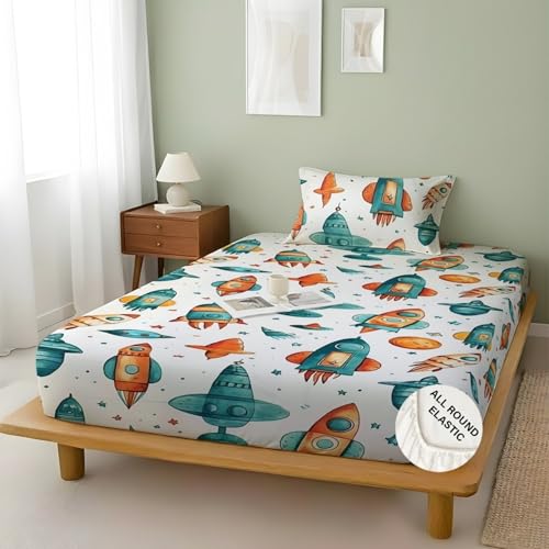 Image of Weave & Decor Kids Fitted bedsheets Single Bed 36x78x6 inch with Pillow Cover 20x30 inch, Breathable Soft Fabric, for Single Mattress