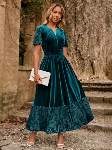 Simplee Women's Formal Velvet Maxi Dress Fall Winter V Neck Floral Short Sleeve Empire Waist Wedding Guest Dresses3