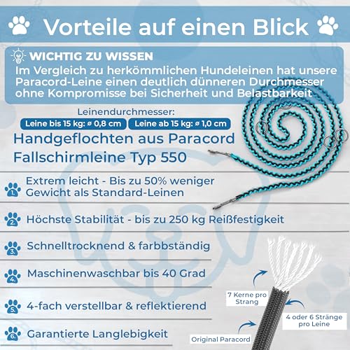 Testnote: Sehr gut - Hundeleine reflektierend I 2m, verstellbar, wetterfest & reißfest bis 250 kg I Paracord Führleine, Umhängeleine I kleine - große Hunde