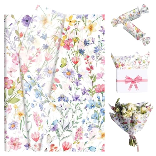BACH AND BOUJEE 50 Sheets Floral Butterfly Tissue Paper Spring Wildflower Wrapping Paper for Gift Bags Flower Printed DIY Art Craft Tissue Papers Packaging for Wedding Bridal Shower Birthday