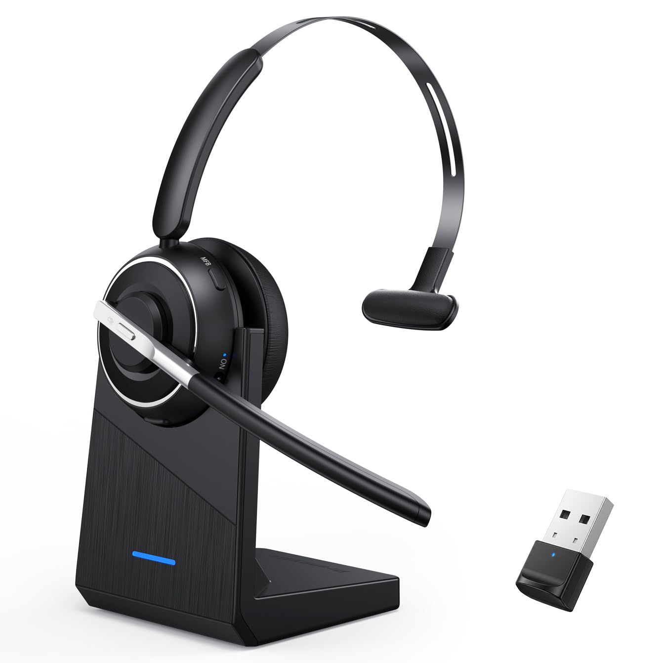 Bluetooth Headset, Wireless Headset with Microphone for PC, V5.2 Computer Headset with Noise Cancelling Mic, USB Dongle, Charging Base & Mute Button for Work, Cell Phones, Computer (Black)