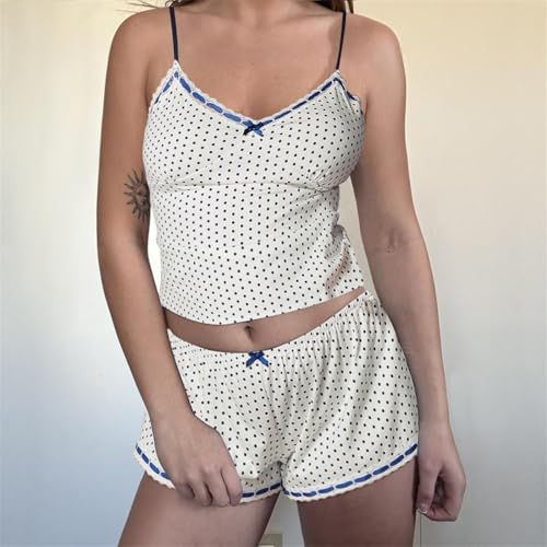 Image of Yuemengxuan Women Y2k Polka Dot Pajamas Sets 2 Piece Sexy Summer Outfits Set Sleeveless Strappy Cami Top Crop Top Shorts Set