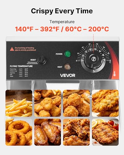 Image of VEVOR Commercial Electric Deep Fryer, 12.15 Qt, 1750W Stainless Steel Countertop Fryer with Basket and Lid, Overheat Protection, Temp Control, Adjustable Feet for Commercial Restaurant Use, Silver