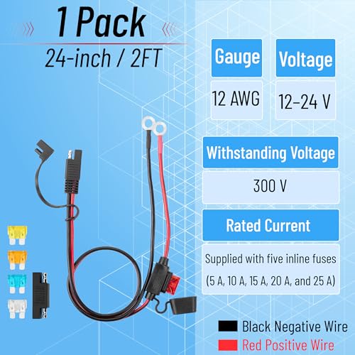 Bates- SAE Battery Connector, 2 FT, 12 AWG, SAE to O-Ring Harness with 5A-25A Protection Fuses & Polarity Reverse Adapter, 2-Pin Connector for Chargers, Maintainers, Solar Panels & Motorcycles - Image 3