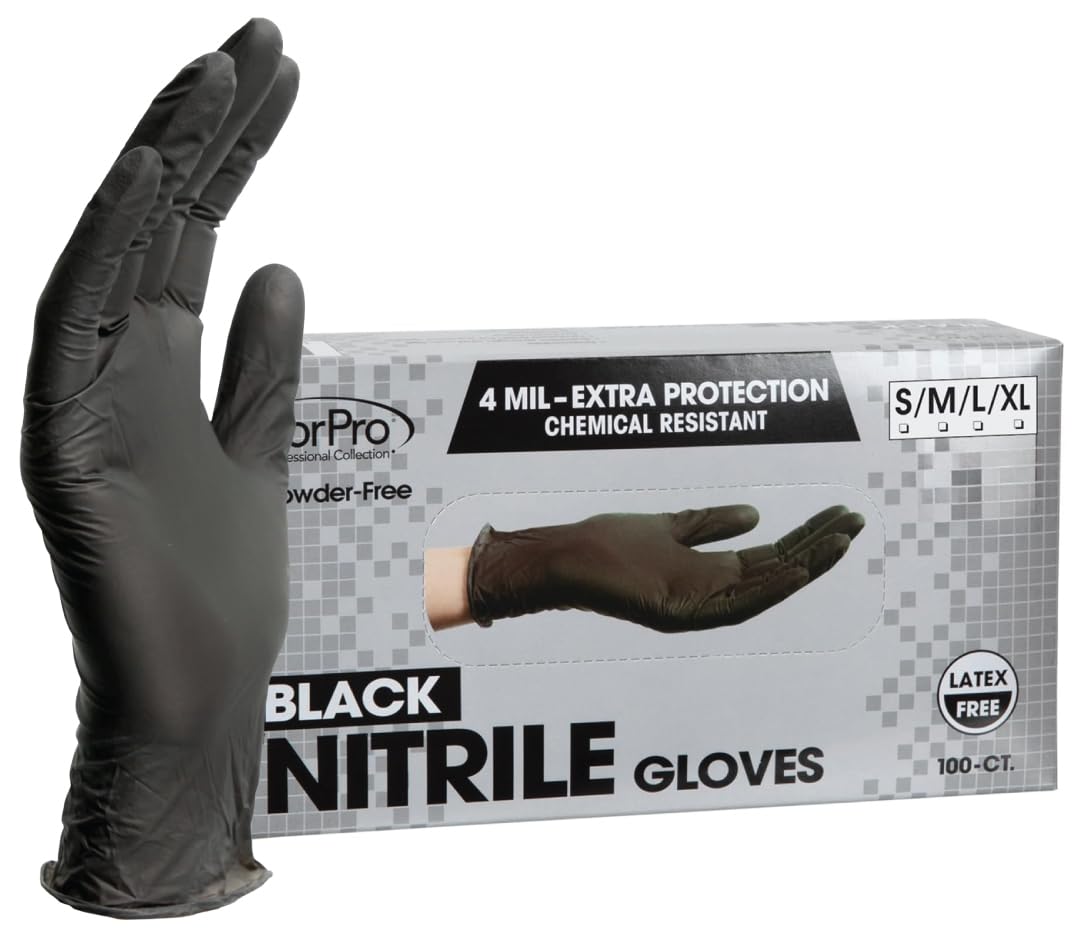 [UOOTPC] ForPro Disposable Nitrile Gloves, Chemical Resistant, Powder-Free, Latex-Free, Non-Sterile, Food Safe, 4 Mil, Black, Large, 100-Count