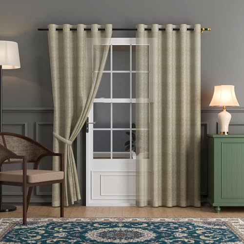 Image of Kuber Industries 4 Pcs Polyester Linen Door Sheer Curtain 7 Feet for Home Decor | 8 Eyelet with Curtain Multiple Use for Living Room /Bedroom | Plain - Chikoo