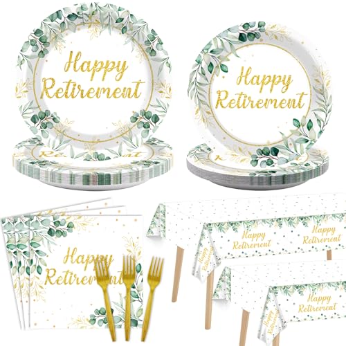 98Pcs Sage Green Retirement Party Supplies Greenery Happy Retirement Party Plates Napkins Gold Green Going Away Parties Tablecloth Table Cover Decor for Men Women Coworker Goodbye Parties Supplies