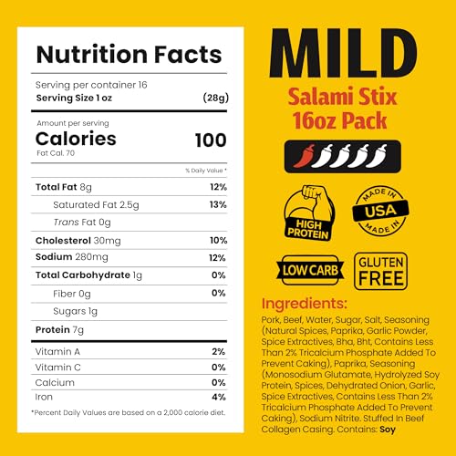 Image of Long John Snacks Dried Salami Sticks, Mild, 16 Oz | High Protein Smoked Meat Sticks Bulk Pack - Handcrafted From Fresh, Never-Frozen Cuts of USA Beef and Pork