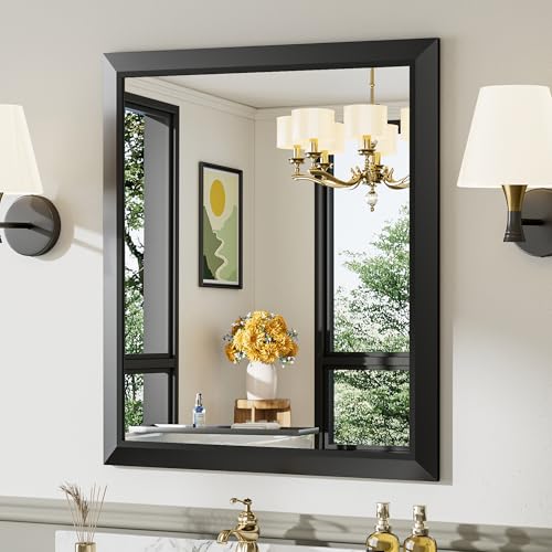28x32 Inch Black Bathroom Mirror for Wall, Thick Metal Framed Rectangle Mirrors for Over Sink, Bedroom, Living Room, Entryway, Anti-Rust, HD Tempered Glass
