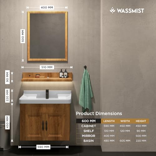 Image of WASSMIST Bathroom Vanity Washbasin Cabinet with Mirror & Shelf | Wall Mounted Wash Basin with Cabinet Full Set | Waterproof & Unbreakable (Brown)