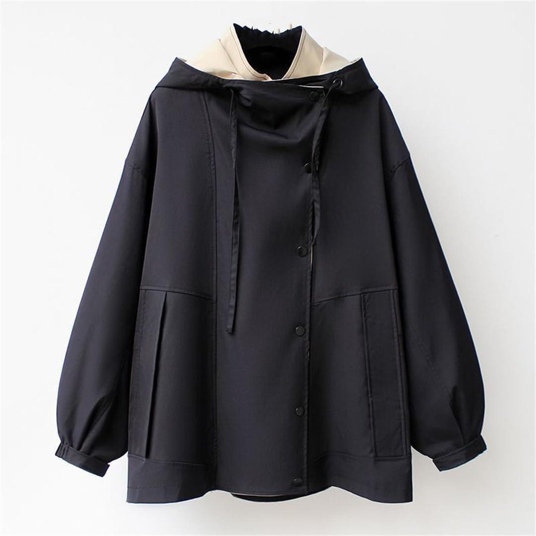 Giacca Trapuntata a Vento di Media Lunghezza a Vita Alta con Risvolto Casual da Donna Primaverile e Autunnale con Tasche Cappotto con Cappuccio