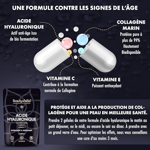 Acide Hyaluronique, Collagène Marin Naticol + Vitamine C + Vitamine E, complément alimentaire acide hyaluronique pour la peau et les articulations, 90 gélules pour 45 jours, Made in France – Image 3