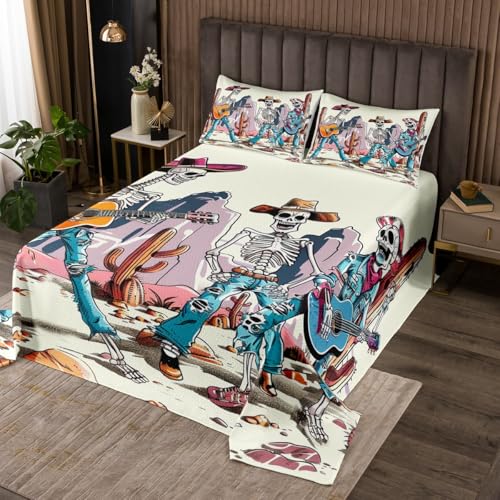 Manfei Cowboy Bedspread Queen Size, Funny Skeleton Playing Guitar Coverlet Set for Kids Boy Girls, Wild West Desert Cactus Quilted Coverlet with 2 Pillowcases, Soft Polyester Bedding Quilt