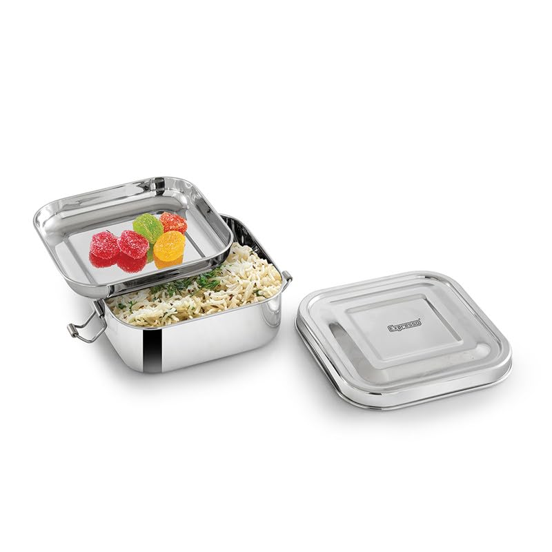 Image of Expresso Steel Tiffin Box for Office | Stainless Steel Lunch Box, 300 ML with Inner Plate | Traditional Design Glossy Finish Steel Box in Silver