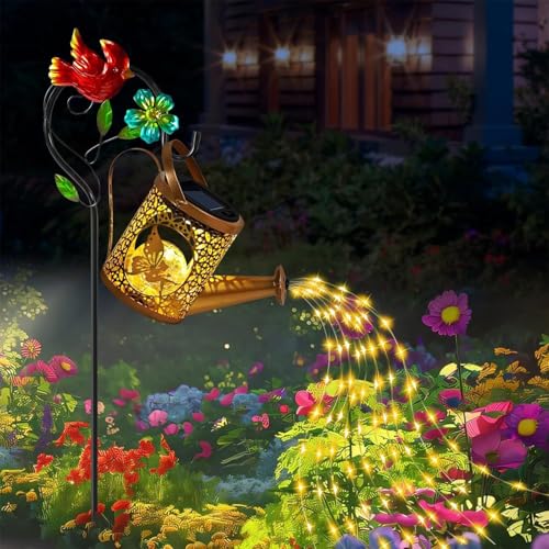 Luces solares de jardín con forma de regadera metálica para decoración exterior en patios 6
