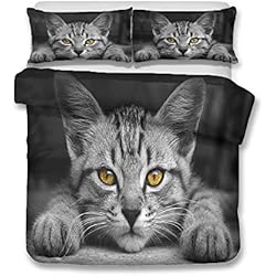 Edredon Gatos Chickwin Juego de Ropa de Cama de 4 Piezas, 3D Microfibra Cómodo Juego de Fundas de Edredón con Funda Nórdica y Funda de Almohada y Sábana Encimera (Gato Gris,Cama 150/160-220x240cm)