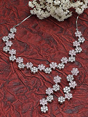 Karatcart Silver Tone Pink Floral AD Necklace Set for Women - Image 4