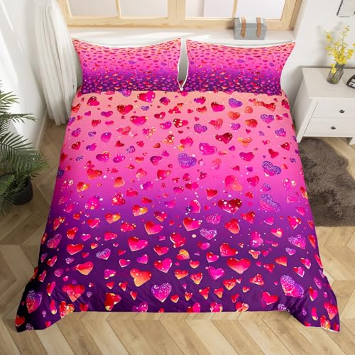 Heart Pattern Bedding Set King Size Heart-Shaped Rose Flower Petal Comforter Cover for Kids Child,Golden Loving Heart Duvet Cover Romantic Floral Quilt Cover Pink Red Purple Gradient Bedroom Decor
