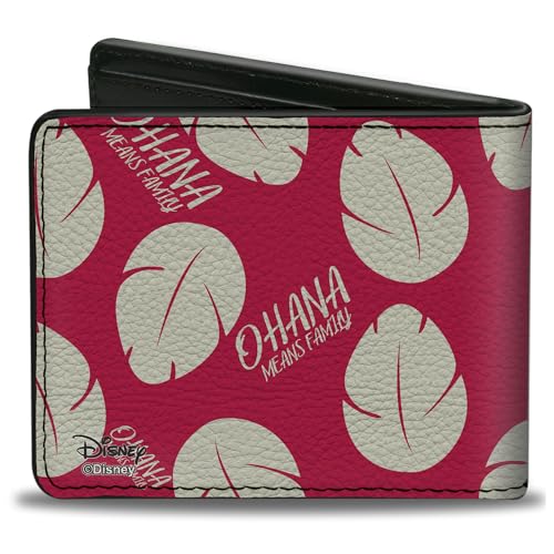 Buckle-Down Men's Disney Wallet, Bifold, Lilo Stitch Ohana Means Family Bounding Dress Leaves Red, Vegan Leather, 4.0