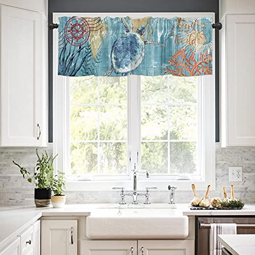 Sodika Kitchen Curtain Valance For Kitchen And Bathroom Room Darkening Rod Pocket Window Treatment Valance,Nautical Theme Sea Turtle 1 Panel, 54 X 18 Inch #TOP1
