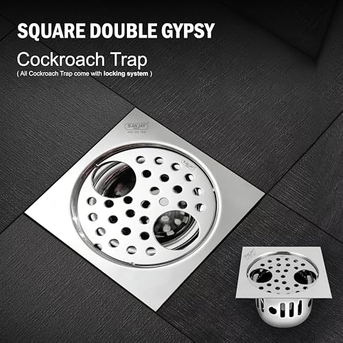 Image of Double Hole SS Floor Drain with Cockroach Trap 304 Grade Drainer Strainer Cover Jali Safety from Cockroach & Insects in Sink & Toilet Bathtub (Square Gypsy - 2 Holes - 6x6 Inch)