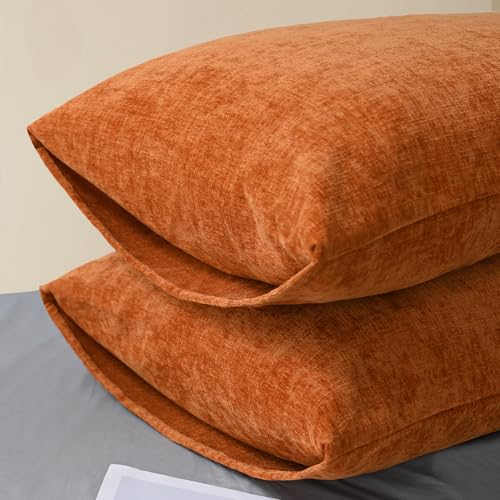 Image of CaliTime Fall Throw Pillow Covers Decorative 20 X 26 Inches Pack of 2 Cozy Chenille Standard Pillow Shams Cases for Couch Sofa Bed Living Room Home Burnt Orange