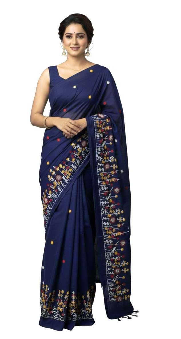 Women's Pure Khadi Cotton Embroidered Saree| Traditional Bengal Handloom Cotton Saree with Blouse Piece-picture-44