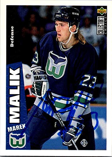 Marek Malik autographed hockey card (Hartford Whalers, FT) 1996 Upper Deck #118