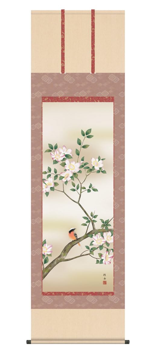 Amazon.co.jp: 掛軸 掛け軸 「山茶花に小鳥」 長江桂舟 尺五 桐箱 幅