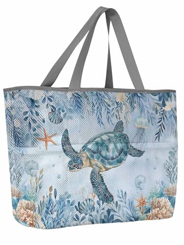 Beach Bags Women Mesh Tote Bag Nautical Ocean Turtle Coral Jellyfish Toy Grocery Pool Bag with Pockets for Travel/Picnic