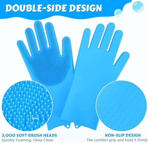Image of Pet Grooming 3 in 1 Gloves, Dog Cat Bathing Shampoo Brush, Silicone Hair Removal Gloves with Thick High Density Teeth for Bathing and Messaging, Double-Side Scrubbing Gloves for Shedding