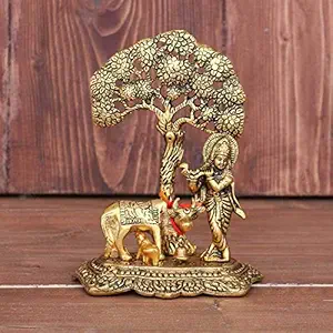 KridayKraft Prince Home Decor & Gifts Metal Krishna With Cow Standing Under Tree Plying Flute (Gold, 12.5X8X16Cm), 1 Piece